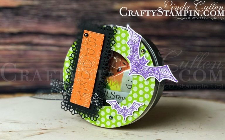 Festive Corners Halloween Round Candy Tin | Stampin Up Demonstrator Linda Cullen | Crafty Stampin’ | Purchase your Stampin’ Up Supplies | Halloween Magic Dies | Festive Corners Stamp Set | Round Tins | Layering Circles Die | Ornate layers Dies | Rectangle Stitched Dies | Iridescent Pearls | Black 3/8” Glittered Organdy Ribbon |
