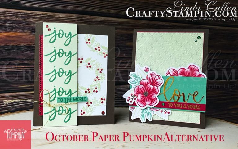 Paper Pumpkin - Joy to the World Blog Hop | Stampin Up Demonstrator Linda Cullen | Crafty Stampin’ | Purchase your Stampin’ Up Supplies | Paper Pumpkin Kit | Dainty Diamonds 3d Embossing Folder | Gold Stampin’ Embossing Powder | Holiday Rhinestone Basic Jewels | Ornate Borders Dies | Forever Greenery Trim Combo Pack