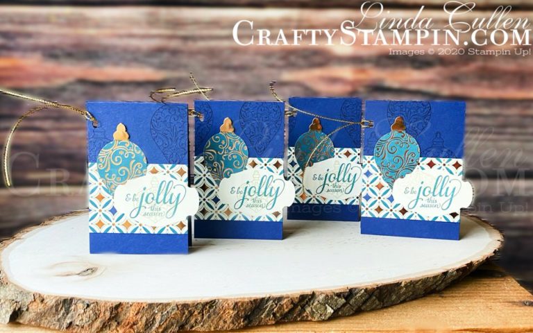 Coffee & Crafts: Christmas Gleaming Fast, Fun, and Fabulous Gift Tags | Stampin Up Demonstrator Linda Cullen | Crafty Stampin’ | Purchase your Stampin’ Up Supplies | Christmas Gleaming Cling Stamp Set (English) [150464] | Brightly Gleaming Specialty Designer Series Paper [150429] | Copper Foil Sheets [142020] - Price: $5.00 - https://msb.im/zxq | Gleaming Ornaments Punch Pack [150647] | Detailed Trio Punch [146320] | Story Label Punch [150076] | Wonder Of The Season Ribbon Combo Pack [153537] |