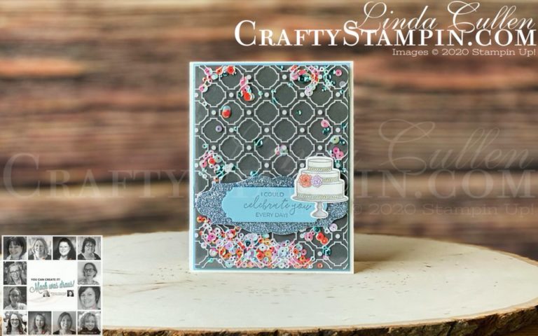 You Can Create It - International Inspiration - December 2020 | Stampin Up Demonstrator Linda Cullen | Crafty Stampin’ | Purchase your Stampin’ Up Supplies | Prettiest Birthday Stamp Set | Pretty Birthday Dies | Stampin Blends | Woven Threads Sequin Assortment | Mosaic Gusseted Bags | Ornate Frames Dies | Balmy Blue Glimmer Paper