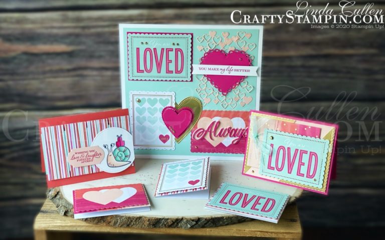 Stamp It Group 2021 Valentines Day Theme Blog Hop | Stampin Up Demonstrator Linda Cullen | Crafty Stampin’ | Purchase your Stampin’ Up Supplies | Sweet Little Valentines Cards & More [154287] | Snailed It Stamp Set [154472] | Heart To Heart Photopolymer Stamp Set [151427] | Gold Foil Sheets [132622] | Detailed Hearts Dies [151440] | Stitched Shapes Dies [152323] | Rectangle Stitched Dies [151820] | Stitched So Sweetly Dies [151690] | Many Hearts Dies [154308] | Stitched Be Mine Dies [148527] | Always Dies [154307] | Banners Pick A Punch [153608] | Timeless Label Punch [149516] | Stampin Blends | Gilded Gems [152478] | Pool Party 3/8” Sheer Ribbon [152462] | Foam Adhesive Sheets [152815] |