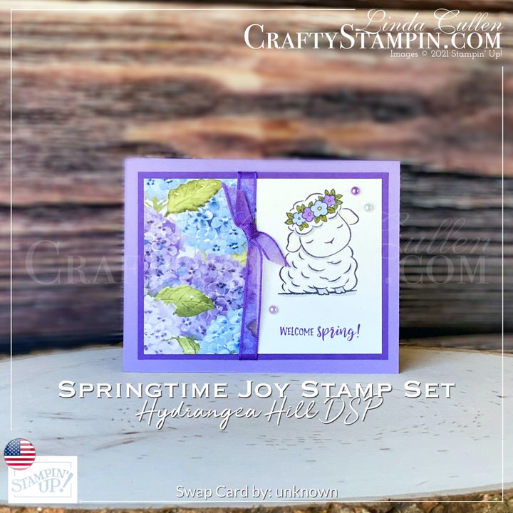 Springtime Joy - Happy Easter | Join Stampin’ Up! | Frequently Asked Questions about becoming a Stampin’ Up! Demonstrator | Join the Craft Stampin’ Crew | Stampin Up Demonstrator Linda Cullen | Crafty Stampin’ | Purchase your Stampin’ Up Supplies | Springtime Joy Cling Stamp Set [154403] | Hydrangea Hill Designer Series Paper [154570] | 3/8" (1 Cm) Gorgeous Grape Sheer Ribbon [154572] | Pastel Pearls [154571] |