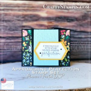Flower & Field Approaching Perfection | Stampin Up Demonstrator Linda Cullen | Crafty Stampin’ | Purchase your Stampin’ Up Supplies | Approaching Perfection Cling Stamp Set [155282] | Flower & Field Designer Series Paper [155223] | Stitched Nested Labels Dies [149638] | Ornate Floral 3D Embossing Folder [152725] | Matte Black Dots [154284] | Wink Of Stella Clear Glitter Brush [141897] |
