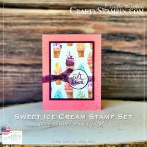 Sweet Ice Cream Melts in My Heart | Stampin Up Demonstrator Linda Cullen | Crafty Stampin’ | Purchase your Stampin’ Up Supplies | Sweet Ice Cream Bundle (English) [156244] | Sweet Ice Cream Photopolymer Stamp Set [154456] | Ice Cream Corner Designer Series Paper [154567] | Stitched Shapes Dies [152323] | Layering Circles Dies [151770] | Subtle 3D Embossing Folder [151775] | Resin Hearts Embellishment [154578] | Blackberry Bliss Striped Ribbon [154569] | Wink Of Stella Clear Glitter Brush [141897] |