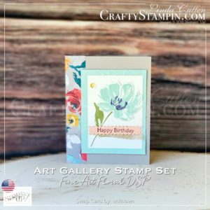 Art Gallery Happy Birthday in Pool Party | Stampin Up Demonstrator Linda Cullen | Crafty Stampin’ | Purchase your Stampin’ Up Supplies | Art Gallery Bundle [156227] | Art Gallery Photopolymer Stamp Set [154421] | Floral Gallery Dies [154316] | Painted Texture 3D Embossing Folder [154317] | Wink Of Stella Clear Glitter Brush [141897] | Artistry Blooms Adhesive-Backed Sequins [152477] | 3/8" (1 Cm) Fine Art Ribbon [154561] |