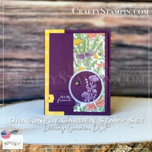 Coffee & Crafts: Dragonfly Garden True Friend | Stampin Up Demonstrator Linda Cullen | Crafty Stampin’ | Purchase your Stampin’ Up Supplies | Dragonfly Garden Bundle (English) [156224] |i Dragonfly Garden Cling Stamp Set [154411] | Vellum 8-1/2" X 11" Cardstock [101856] | Dandy Garden 6" X 6" DSP [154297] | Uninked Stampin' Pad & Whisper White Refill [147277] | Tasteful Labels Dies [152886] |2" (5.1 Cm) Circle Punch [133782] | 2-1/4" (5.7 Cm) Circle Punch [143720] | Ladybug Trinkets [154299] | Dragonflies Punch [154240] |