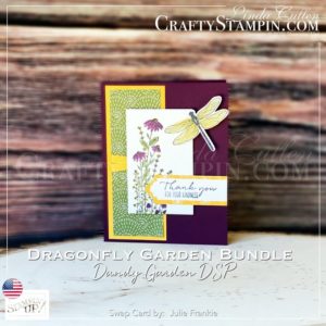 Dragonfly Garden Kindness Thank You | Stampin Up Demonstrator Linda Cullen | Crafty Stampin’ | Purchase your Stampin’ Up Supplies | Dragonfly Garden Bundle (English) [156224] | Dragonfly Garden Cling Stamp Set [154411] | Dandy Garden 6" X 6" (15.2 X 15.2 Cm) Designer Series Paper [154297] | Rectangle Stitched Dies [151820] | Dragonflies Punch [154240] | Lovely Labels Pick A Punch [152883] | Bumblebee 2020–2022 In Color Ribbon [153622] | Stampin' Blends Wink Of Stella Clear Glitter Brush [141897] |