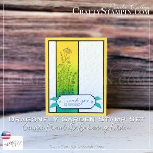 Dragonfly Garden Ombre Thank You | Stampin Up Demonstrator Linda Cullen | Crafty Stampin’ | Purchase your Stampin’ Up Supplies | Dragonfly Garden Cling Stamp Set [154411] | Ornate Floral 3D Embossing Folder [152725] | Treasured Tags Pick A Punch [154425] | Just Jade 2020–2022 In Color Ribbon [153621] | Blending Brushes [153611] |