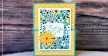 Happy Thoughts of Flower & Field | Stampin Up Demonstrator Linda Cullen | Crafty Stampin’ | Purchase your Stampin’ Up Supplies | Happy Thoughts Cling Stamp Set [154507] | Flower & Field Designer Series Paper [155223] | Potted Succulents Dies [154330] - Price: $39.00 | Medium Daisy Punch [149517] - Price: $16.00 | Artistry Blooms Adhesive-Backed Sequins [152477] |