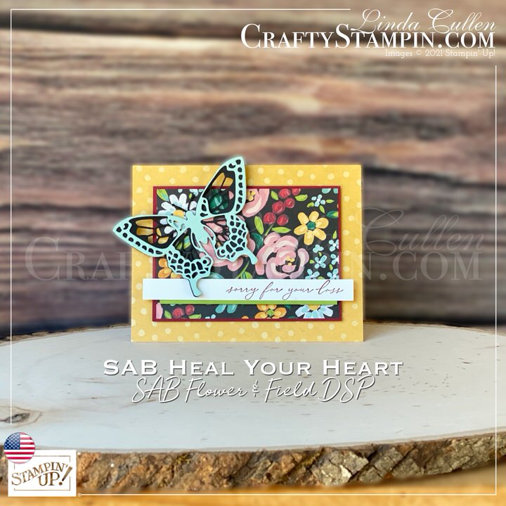 Heal Your Heart Butterfly | Stampin Up Demonstrator Linda Cullen | Crafty Stampin’ | Purchase your Stampin’ Up Supplies | Heal Your Heart Cling Stamp Set (English) [155291] | Flower & Field Designer Series Paper [155223] | Merry Merlot Classic Stampin' Pad [147112] | Butterfly Beauty Dies [151819] |