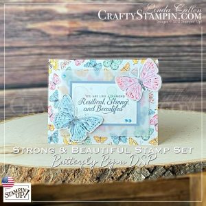 Coffee & Crafts: Strong & Beautiful Butterfly | Stampin Up Demonstrator Linda Cullen | Crafty Stampin’ | Purchase your Stampin’ Up Supplies | Strong & Beautiful Cling Stamp Set [148732] | Beauty Abounds Cling Stamp Set [148726] | Brilliant Wings Dies [156825] | Butterfly Bijou 6" x 6" Designer Series Paper  [156824] | Blue Adhesive-Backed Gems [153547] |