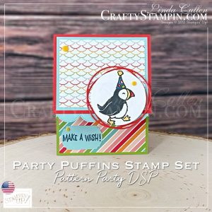 Stamp It Group 2021 Summer Theme Blog Hop | Join Stampin’ Up! | Frequently Asked Questions about becoming a Stampin’ Up! Demonstrator | Join the Craft Stampin’ Crew | Stampin Up Demonstrator Linda Cullen | Crafty Stampin’ | Purchase your Stampin’ Up Party Puffins Cling Stamp Set [155054] | Pattern Party 12" X 12" Host Designer Series Paper [155426] | Scalloped Contours Dies [155560] | Layering Circles Dies [151770] | Painted Labels Dies [151605] | Label Me Fancy Punch [151297] | Playing With Patterns Resin Dots [152467] |