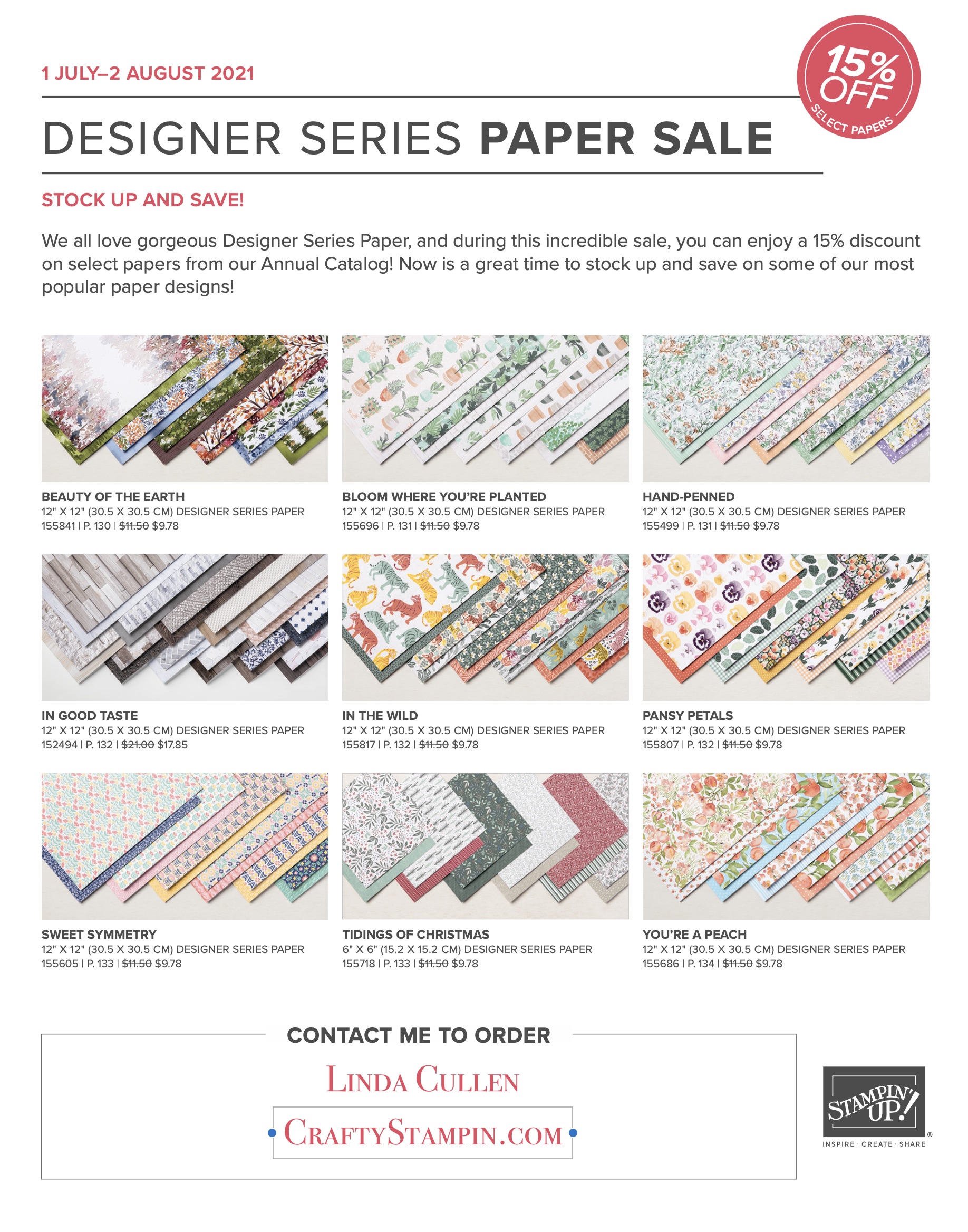 Designer Series Paper Sale - Stock up and save 15% on select | Join Stampin’ Up! | Frequently Asked Questions about becoming a Stampin’ Up! Demonstrator | Join the Craft Stampin’ Crew | Stampin Up Demonstrator Linda Cullen | Crafty Stampin’ | Purchase your Stampin’ Up