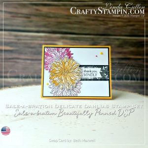 Delicate Dahlias Thank You | Join Stampin’ Up! | Frequently Asked Questions about becoming a Stampin’ Up! Demonstrator | Join the Craft Stampin’ Crew | Stampin Up Demonstrator Linda Cullen | Crafty Stampin’ | Purchase your Stampin’ Up Delicate Dahlias Photopolymer Stamp Set [156601] | Beautifully Penned Designer Series Paper [156630] | Decorative Matte Dots [156289] |