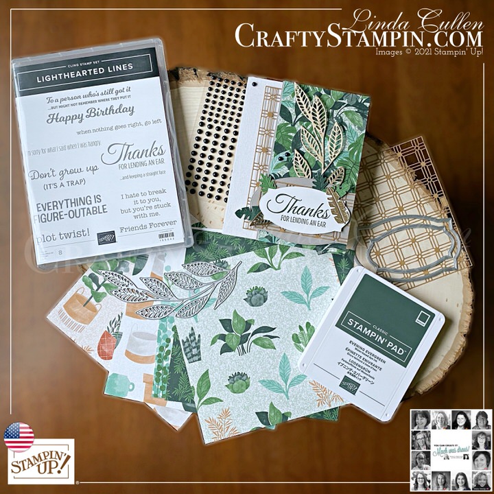 You Can Create It - International Inspiration - August 2021 | Join Stampin’ Up! | Frequently Asked Questions about becoming a Stampin’ Up! Demonstrator | Join the Craft Stampin’ Crew | Stampin Up Demonstrator Linda Cullen | Crafty Stampin’ | Purchase your Stampin’ Up Lighthearted Lines Cling Stamp Set [155042] | Bloom Where You're Planted DSP [155696] | Brushed Metallic Cardstock [153524] | Linen Specialty Paper [155681] | Hippo & Friends Dies [153585] | Artistic Dies [155371] | In The Tropics Dies [151495] | Paper Lattice [155697] | Matte Black Dots [154284] |