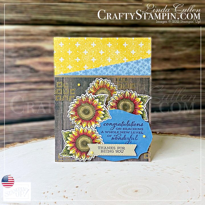 Stamp It Group August 2021 Fall Theme Blog Hop | Join Stampin’ Up! | Frequently Asked Questions about becoming a Stampin’ Up! Demonstrator | Join the Craft Stampin’ Crew | Stampin Up Demonstrator Linda Cullen | Crafty Stampin’ | Purchase your Stampin’ Up Celebrate Sunflowers Cling Stamp Set [152517] | Free As A Bird Cling Stamp Set [149468] | Tasteful Touches Cling Stamp Set [152562] | Harvest Meadow 12" X 12" DSP [156494] | In Good Taste DSP [152494] | Brushed Metallic Cardstock [153524] | Sunflowers Dies [152704] | Harvest Dies [156504] | Tasteful Labels Dies [152886] | Metallics Embossing Powders [155555] | Decorative Matte Dots [156289]