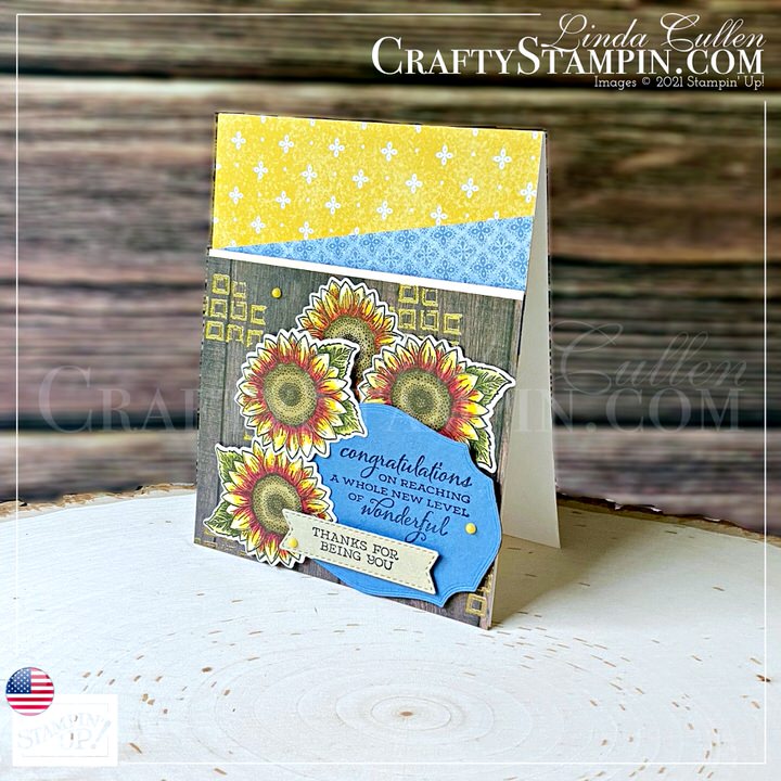 Stamp It Group August 2021 Fall Theme Blog Hop | Join Stampin’ Up! | Frequently Asked Questions about becoming a Stampin’ Up! Demonstrator | Join the Craft Stampin’ Crew | Stampin Up Demonstrator Linda Cullen | Crafty Stampin’ | Purchase your Stampin’ Up Celebrate Sunflowers Cling Stamp Set [152517] | Free As A Bird Cling Stamp Set [149468] | Tasteful Touches Cling Stamp Set [152562] | Harvest Meadow 12" X 12" DSP [156494] | In Good Taste DSP [152494] | Brushed Metallic Cardstock [153524] | Sunflowers Dies [152704] | Harvest Dies [156504] | Tasteful Labels Dies [152886] | Metallics Embossing Powders [155555] | Decorative Matte Dots [156289]