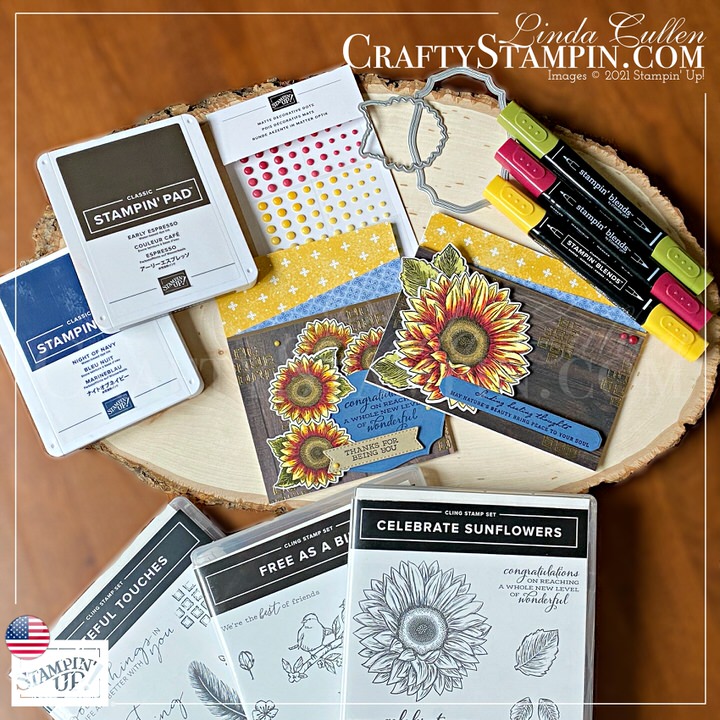 Stamp It Group August 2021 Fall Theme Blog Hop | Join Stampin’ Up! | Frequently Asked Questions about becoming a Stampin’ Up! Demonstrator | Join the Craft Stampin’ Crew | Stampin Up Demonstrator Linda Cullen | Crafty Stampin’ | Purchase your Stampin’ Up Celebrate Sunflowers Cling Stamp Set [152517] | Free As A Bird Cling Stamp Set [149468] | Tasteful Touches Cling Stamp Set [152562] | Harvest Meadow 12" X 12" DSP [156494] | In Good Taste DSP [152494] | Brushed Metallic Cardstock [153524] | Sunflowers Dies [152704] | Harvest Dies [156504] | Tasteful Labels Dies [152886] | Metallics Embossing Powders [155555] | Decorative Matte Dots [156289]