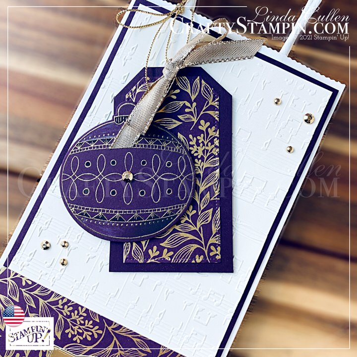 Stamp It Group November 2021 Christmas Theme Blog Hop | Join Stampin’ Up! | Frequently Asked Questions about becoming a Stampin’ Up! Demonstrator | Join the Craft Stampin’ Crew | Stampin Up Demonstrator Linda Cullen | Crafty Stampin’ | Purchase Stampin’ Up! Product | FAQ about Paper Pumpkin Bright Baubles Stamp Set [156350] | Snow Wonder Stamp Set [153344] | Gold Foil Sheets [132622] | Blackberry Beauty Specialty Designer Series Paper [156458] | Versamark Pad [102283] | Tailor Made Tags Dies [155563] | Hippo & Friends Dies [153585] | Snow Time Dies [153564] | Delicate Baubles Dies [156383] | Detailed Trio Punch [146320] | Merry Melody 3D Embossing Folder [156392] | Metallics Embossing Powders [155555] | Gilded Gems [152478] | Gold 3/8" (1 Cm) Shimmer Ri