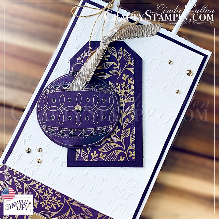 Stamp It Group November 2021 Christmas Theme Blog Hop | Join Stampin’ Up! | Frequently Asked Questions about becoming a Stampin’ Up! Demonstrator | Join the Craft Stampin’ Crew | Stampin Up Demonstrator Linda Cullen | Crafty Stampin’ | Purchase Stampin’ Up! Product | FAQ about Paper Pumpkin Bright Baubles Stamp Set [156350] | Snow Wonder Stamp Set [153344] | Gold Foil Sheets [132622] | Blackberry Beauty Specialty Designer Series Paper [156458] | Versamark Pad [102283] | Tailor Made Tags Dies [155563] | Hippo & Friends Dies [153585] | Snow Time Dies [153564] | Delicate Baubles Dies [156383] | Detailed Trio Punch [146320] | Merry Melody 3D Embossing Folder [156392] | Metallics Embossing Powders [155555] | Gilded Gems [152478] | Gold 3/8" (1 Cm) Shimmer Ri