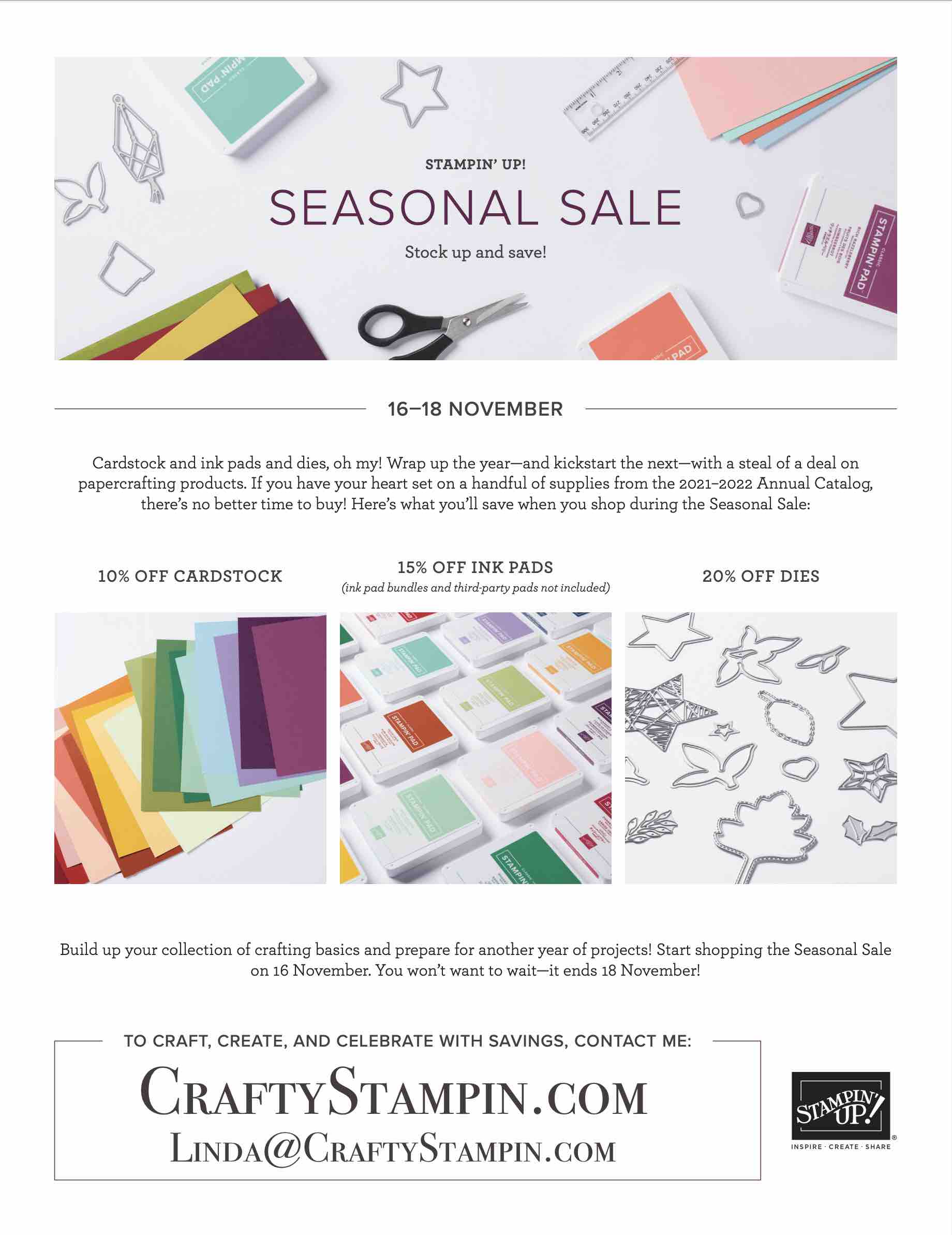 2021 Seasonal Sale | Join Stampin’ Up! | Frequently Asked Questions about becoming a Stampin’ Up! Demonstrator | Join the Craft Stampin’ Crew | Stampin Up Demonstrator Linda Cullen | Crafty Stampin’ | Purchase Stampin’ Up! Product | FAQ about Paper Pumpkin Cardstock | Ink | Dies