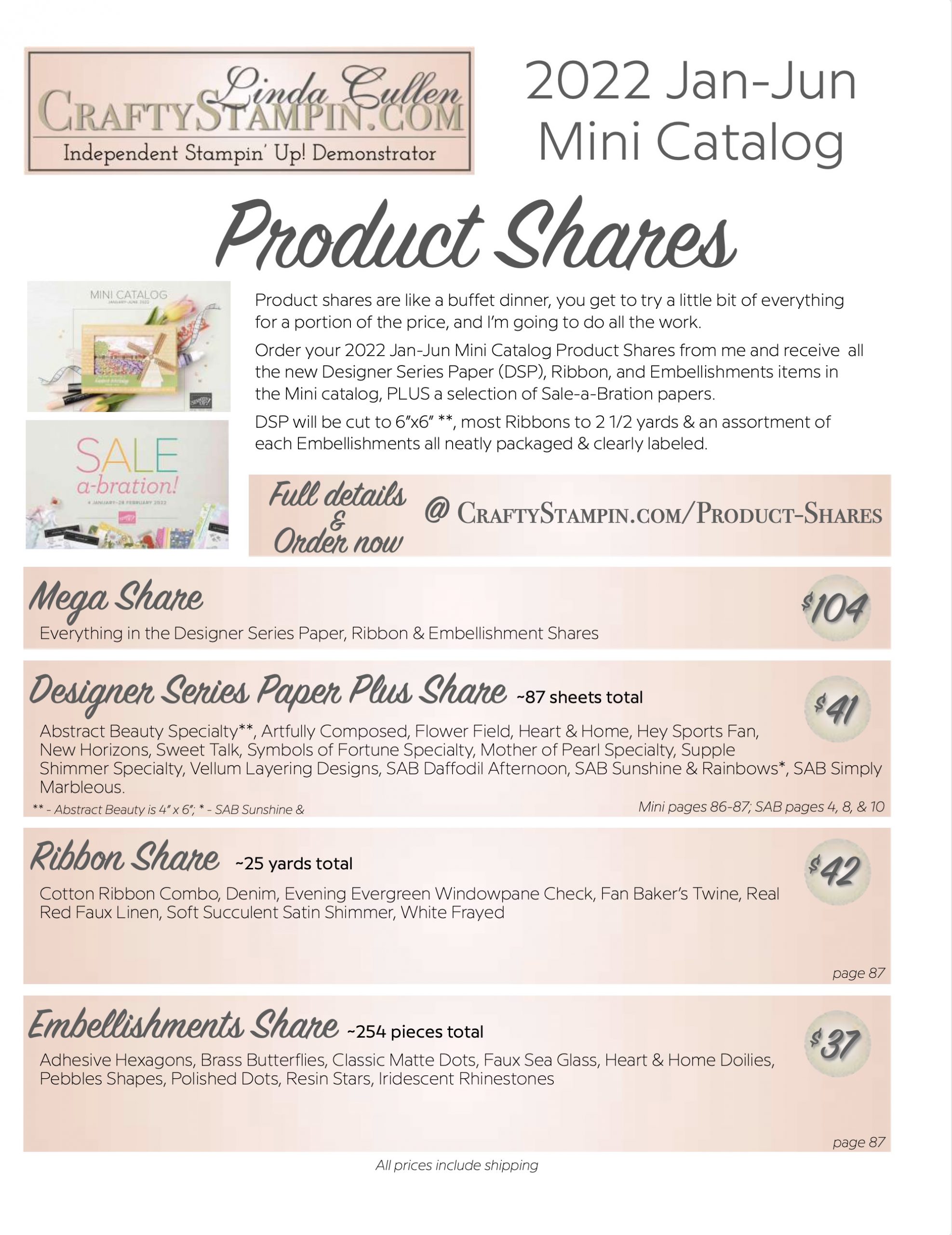 Product Shares | 2022 Stampin Up January - June Mini Catalog Product Shares | Join Stampin’ Up! | Frequently Asked Questions about becoming a Stampin’ Up! Demonstrator | Join the Craft Stampin’ Crew | Stampin Up Demonstrator Linda Cullen | Crafty Stampin’ | Purchase Stampin’ Up! Product | FAQ about Paper Pumpkin