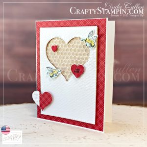 Stamp It Group January 2022 Valentines Day Theme Blog Hop | Join Stampin’ Up! | Frequently Asked Questions about becoming a Stampin’ Up! Demonstrator | Join the Craft Stampin’ Crew | Stampin Up Demonstrator Linda Cullen | Crafty Stampin’ | Purchase Stampin’ Up! Product | FAQ about Paper Pumpkin Honeybee Home Stamp Set [157943] | Gumball Greetings Stamp Set [157646] | Vellum 8-1/2" X 11" [101856] | Regals 6" X 6" DSP [155227] | Tuxedo Black Memento Ink Pad [132708] | Stampin' Blends | Sweet Hearts Dies [157623] | Give It A Whirl Dies [154336] | Honeybee Blooms Dies [157951] | Stitched Rectangle Dies [148551] | Bouquet Of Love Hybrid Embossing Folder [157641] | Gumball Machine Dies [157647] | Hive 3D Embossing Folder [157955] | Tasteful Textile 3D Embossing Folder [152718] |