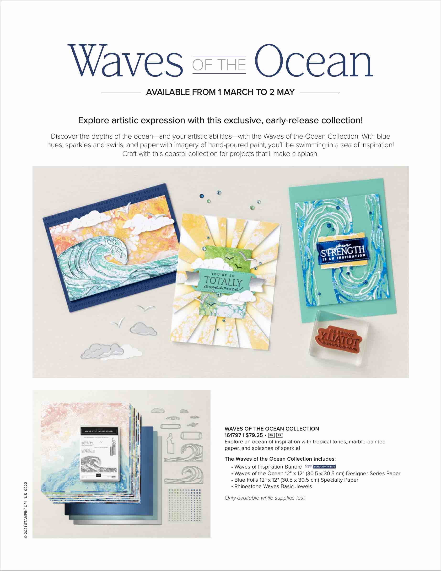 Waves of the Ocean | Join Stampin’ Up! | Frequently Asked Questions about becoming a Stampin’ Up! Demonstrator | Join the Craft Stampin’ Crew | Stampin Up Demonstrator Linda Cullen | Crafty Stampin’ | Purchase Stampin’ Up! Product | FAQ about Paper Pumpkin Wave of the Ocean Collection 161797 | Waves of Inspiration Bundle 158841 | Waves of Inspiration Stamp Set 158833 | Waves Dies 158840 | Waves of the Ocean 12” x 12” Designer Series Paper 159982 | Blue Foil 12 “ x 12” Specialty Paper 159983 | Rhinestone Waves Basic Jewels 159396
