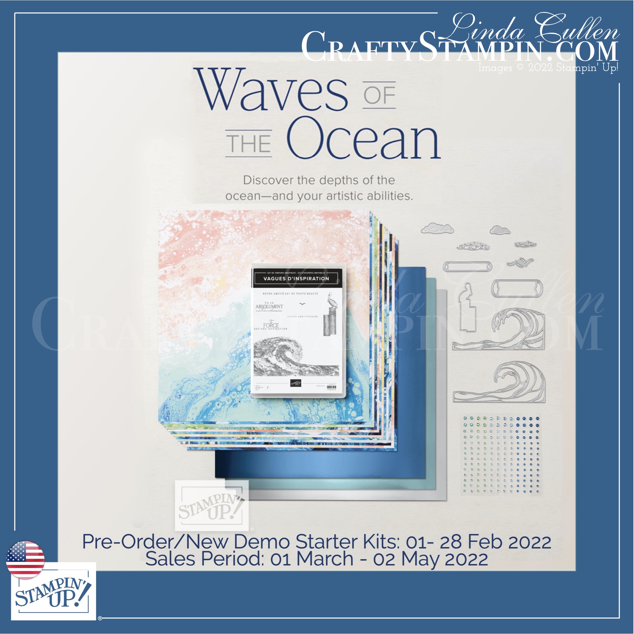 Waves of the Ocean | Join Stampin’ Up! | Frequently Asked Questions about becoming a Stampin’ Up! Demonstrator | Join the Craft Stampin’ Crew | Stampin Up Demonstrator Linda Cullen | Crafty Stampin’ | Purchase Stampin’ Up! Product | FAQ about Paper Pumpkin Wave of the Ocean Collection 161797 | Waves of Inspiration Bundle 158841 | Waves of Inspiration Stamp Set 158833 | Waves Dies 158840 | Waves of the Ocean 12” x 12” Designer Series Paper 159982 | Blue Foil 12 “ x 12” Specialty Paper 159983 | Rhinestone Waves Basic Jewels 159396
