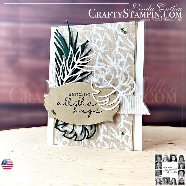 You Can Create It - International Challenge & Inspiration - February 2022 | Join Stampin’ Up! | Frequently Asked Questions about becoming a Stampin’ Up! Demonstrator | Join the Craft Stampin’ Crew | Stampin Up Demonstrator Linda Cullen | Crafty Stampin’ | Purchase Stampin’ Up! Product | FAQ about Paper Pumpkin Artfully Layered Cling Stamp Set [157752] | Symbols Of Fortune 12" X 12" Specialty Designer Series Paper [157652] | Mother Of Pearl 12" X 12" (30.5 X 30.5 Cm) Specialty Paper [157666] | Hippo & Friends Dies [153585] | Tropical Layers Dies [157760] | White 3/4" Frayed Ribbon [158138] | 2021–2023 In Color Jewels [155571] |