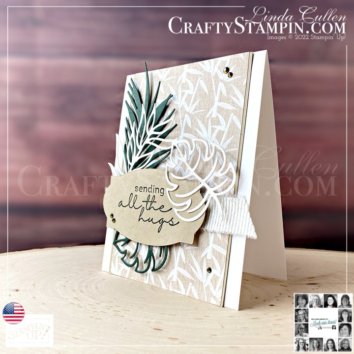 You Can Create It - International Challenge & Inspiration - February 2022 | Join Stampin’ Up! | Frequently Asked Questions about becoming a Stampin’ Up! Demonstrator | Join the Craft Stampin’ Crew | Stampin Up Demonstrator Linda Cullen | Crafty Stampin’ | Purchase Stampin’ Up! Product | FAQ about Paper Pumpkin Artfully Layered Cling Stamp Set [157752] | Symbols Of Fortune 12" X 12" Specialty Designer Series Paper [157652] | Mother Of Pearl 12" X 12" (30.5 X 30.5 Cm) Specialty Paper [157666] | Hippo & Friends Dies [153585] | Tropical Layers Dies [157760] | White 3/4" Frayed Ribbon [158138] | 2021–2023 In Color Jewels [155571] |