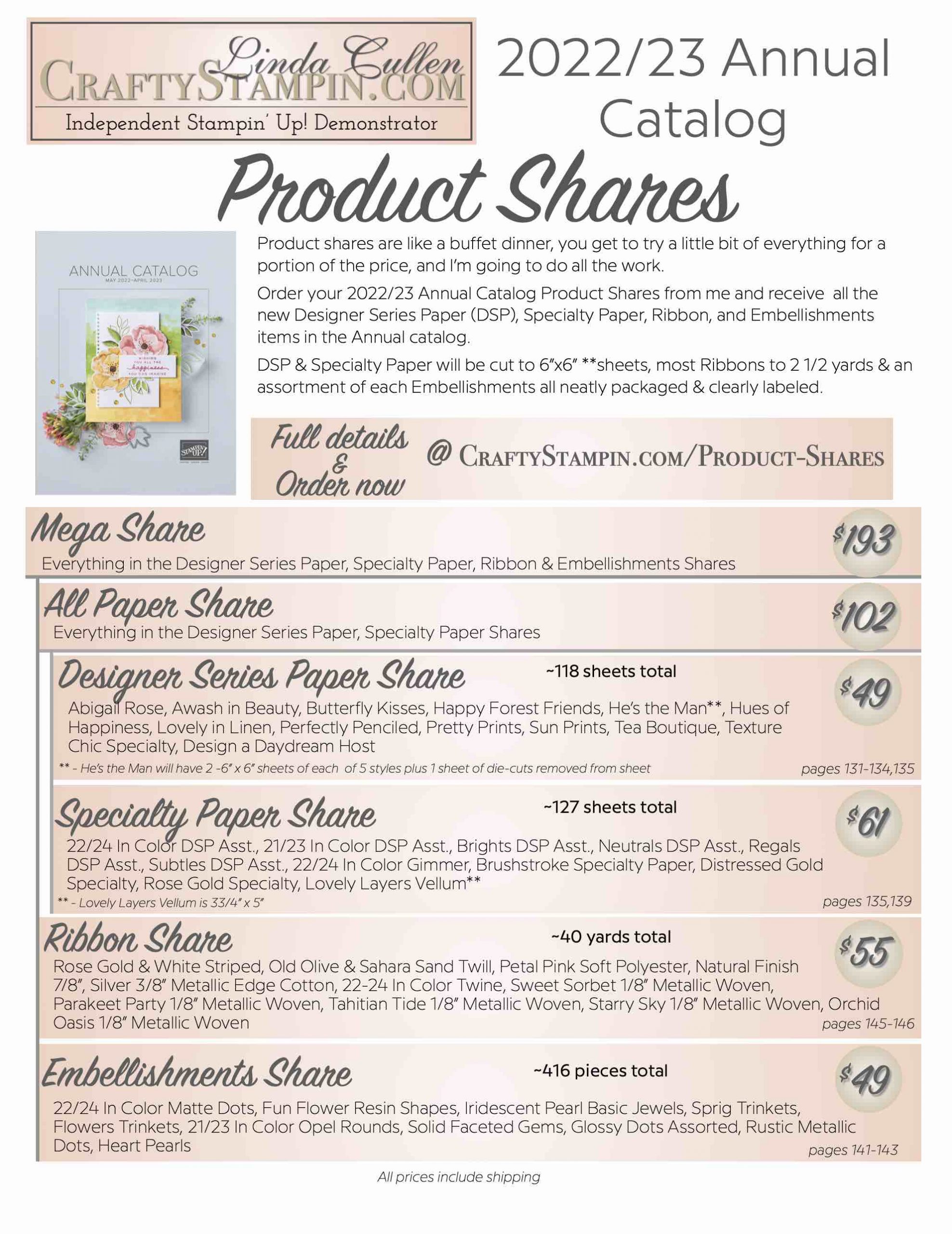 2022 - 2023 Stampin Up Annual Catalog Product Shares | Join Stampin’ Up! | Frequently Asked Questions about becoming a Stampin’ Up! Demonstrator | Join the Craft Stampin’ Crew | Stampin Up Demonstrator Linda Cullen | Crafty Stampin’ | Purchase Stampin’ Up! Product | FAQ about Paper Pumpkin Designer Series Paper | Specialty Paper | Ribbon | Embellishments
