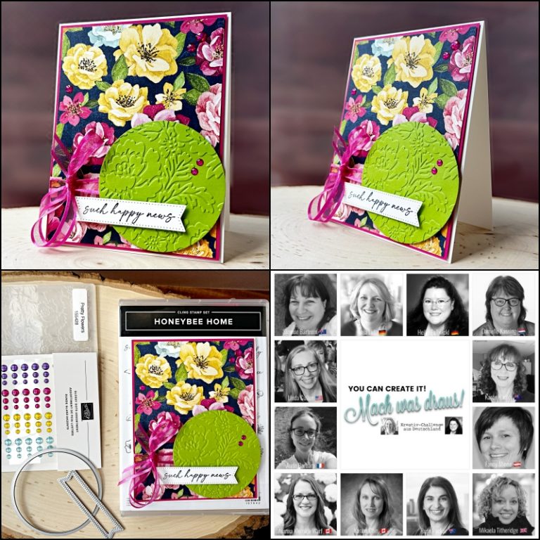 Honeybee Home - You Can Create It - International Challenge & Inspiration - July 2022 | Join Stampin’ Up! | Frequently Asked Questions about becoming a Stampin’ Up! Demonstrator | Join the Craft Stampin’ Crew | Stampin Up Demonstrator Linda Cullen | Crafty Stampin’ | Purchase Stampin’ Up! Product | FAQ about Paper Pumpkin Honeybee Home Cling Stamp Set [157943] | Hues Of Happiness 12" X 12" Designer Series Paper [158822] | Pretty Flowers Embossing Folder [155428] | Layering Circles Dies [151770] | Stylish Shapes Dies [159183] | Glossy Dots Assortment [158827] | Polished Pink 3/8" Open Weave Ribbon [155714] |