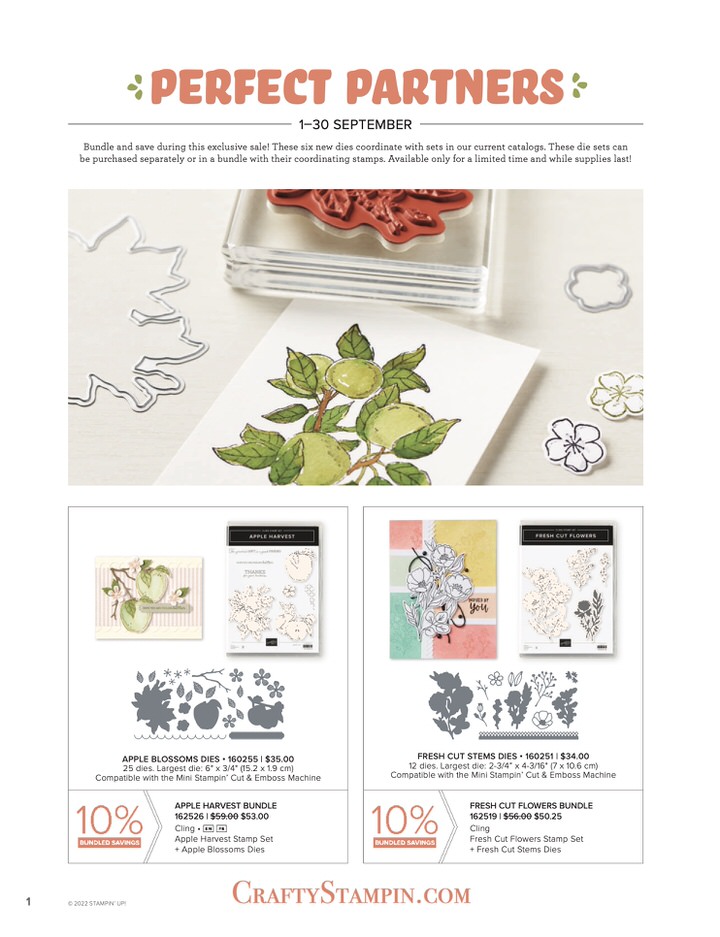 Perfect Partners - Limited Time Only | Join Stampin’ Up! | Frequently Asked Questions about becoming a Stampin’ Up! Demonstrator | Join the Craft Stampin’ Crew | Stampin Up Demonstrator Linda Cullen | Crafty Stampin’ | Purchase Stampin’ Up! Product | FAQ about Paper Pumpkin | Apple Harvest Bundle [162526] | Apple Harvest Stamp Set [159944] | Apple Blossoms Dies [160255] | Fresh Cut Flowers Bundle [162519] | Fresh Cut Flowers Stamp Set [159018] | Fresh Cut Stems Dies [160251] | This Birthday Piggy Bundle [162521] | This Birthday Piggy Stamp Set [159107] Playful Piggy Dies [160254] | Trimming The Tree Bundle [162522] | Trimming The Tree Stamp Set [158972] | Tree Trimmings Dies [160256] - Price: $34.00 | Waterfall Canyon Bundle [162520] | Waterfall Canyon Stamp Set [158927] | Waterfall Dies [160252] | Yeti To Party Bundle [162529] | Yeti To Party Stamp Set [159826] | Yeti Dies [160253] |