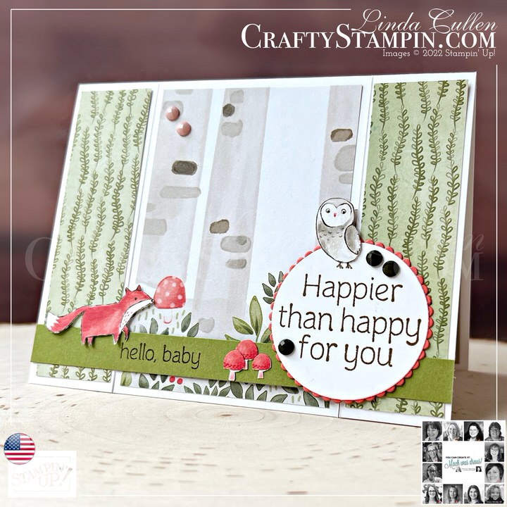 You Can Create It - International Challenge & Inspiration - September 2022 | Join Stampin’ Up! | Frequently Asked Questions about becoming a Stampin’ Up! Demonstrator | Join the Craft Stampin’ Crew | Stampin Up Demonstrator Linda Cullen | Crafty Stampin’ | Purchase Stampin’ Up! Product | FAQ about Paper Pumpkin | Happier Than Happy Bundle [158952] | Happier Than Happy Stamp Set [158944] | Happy Forest Friends Designer Series Paper [158941] | Layering Circles Dies [151770] | Solid Faceted Gems [159189] | Neutrals Stampin' Write Markers [147158] |
