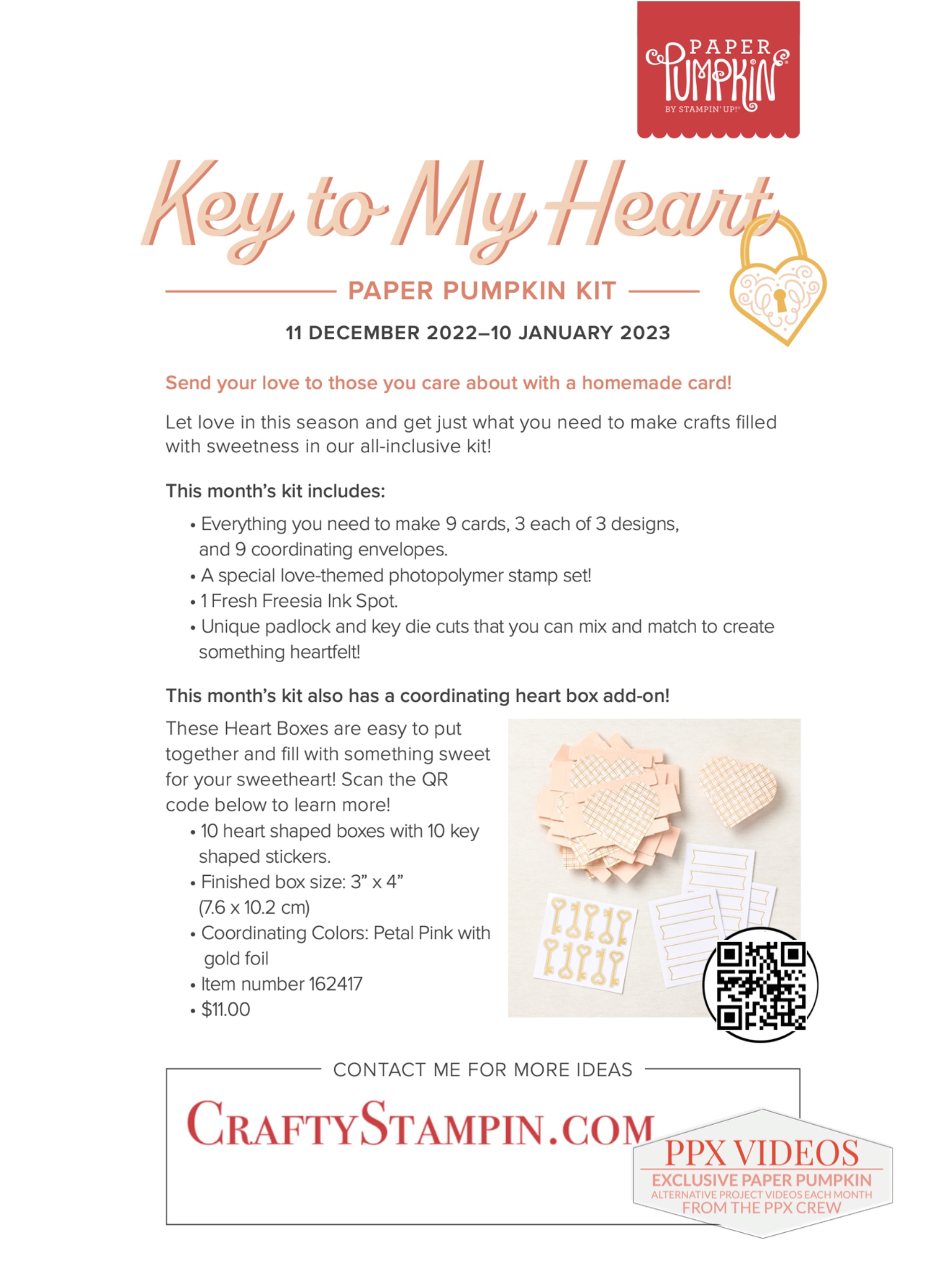 January 2023 Paper Pumpkin Kit | Join Stampin’ Up! | Frequently Asked Questions about becoming a Stampin’ Up! Demonstrator | Join the Craft Stampin’ Crew | Stampin Up Demonstrator Linda Cullen | Crafty Stampin’ | Purchase Stampin’ Up! Product | FAQ about Paper Pumpkin | Heart Boxes [162417] - Price: $11.00 | Prepaid Paper Pumpkin Subscription 1-Month [137858] | Prepaid Paper Pumpkin Subscription 3-Month [137859] | Prepaid Paper Pumpkin Subscription 6-Month [137860] | Prepaid Paper Pumpkin Subscription 12-Month [137861] |