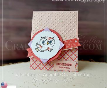 Coffee & Crafts: Adorable Owls Hoot Hoot Card | 2023 Stampin' Up! January - February Sale-a-bration | Join Stampin’ Up! | Frequently Asked Questions about becoming a Stampin’ Up! Demonstrator | Join the Craft Stampin’ Crew | Stampin Up Demonstrator Linda Cullen | Crafty Stampin’ | Purchase Stampin’ Up! Product | FAQ about Paper Pumpkin | FAQ about Kits Collection Adorable Owls Stamp Set [160269] | Dandy Designs Designer Series Paper [160836] | Stylish Shapes Dies [159183] | Banners Pick A Punch [153608] | Metal Plate 3D Embossing Folder [160766] | Opal Rounds [154289] |