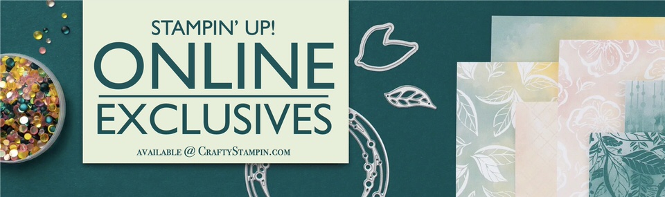 Online Exclusives now available | Join Stampin’ Up! | Frequently Asked Questions about becoming a Stampin’ Up! Demonstrator | Join the Craft Stampin’ Crew | Stampin Up Demonstrator Linda Cullen | Crafty Stampin’ | Purchase Stampin’ Up! Product | FAQ about Paper Pumpkin | FAQ about Kits Collection | Online Exclusive Products | Hello, Irresistible Suite Collection [161154] | Irresistible Blooms Bundle [161150] | Irresistible Blooms Stamp Set [161140] | Irresistible Blooms Dies [161149] | Hello, Irresistible 6" X 6" Designer Series Paper [161139] | Loose Frosted Dots [161153] | Tropical Leaf Bundle [161249] | Tropical Leaf Photopolymer Stamp Set [161242] | Tropical Leaf Punch [161248] | Rhino Ready Bundle [161387] | Rhino Ready Cling Stamp Set [160959] | Rhino Ready Dies [160985] | Growth Takes Time Stamp Set [161497] | Classic Letters Stamp Set [161267] | Hope & Peace Stamp Set [159773] | Naturally Gilded 12" X 12" Specialty Designer Series Paper [161639] | Elegant Borders Dies [161593] | Radiating Stitches Dies [161595] | Basics 3D Embossing Folders [161598] | 2" Circle Punch [133782] | 1-3/4"Circle Punch [119850] | Gold & Silver 1/8" Trim Combo Pack [161633] |