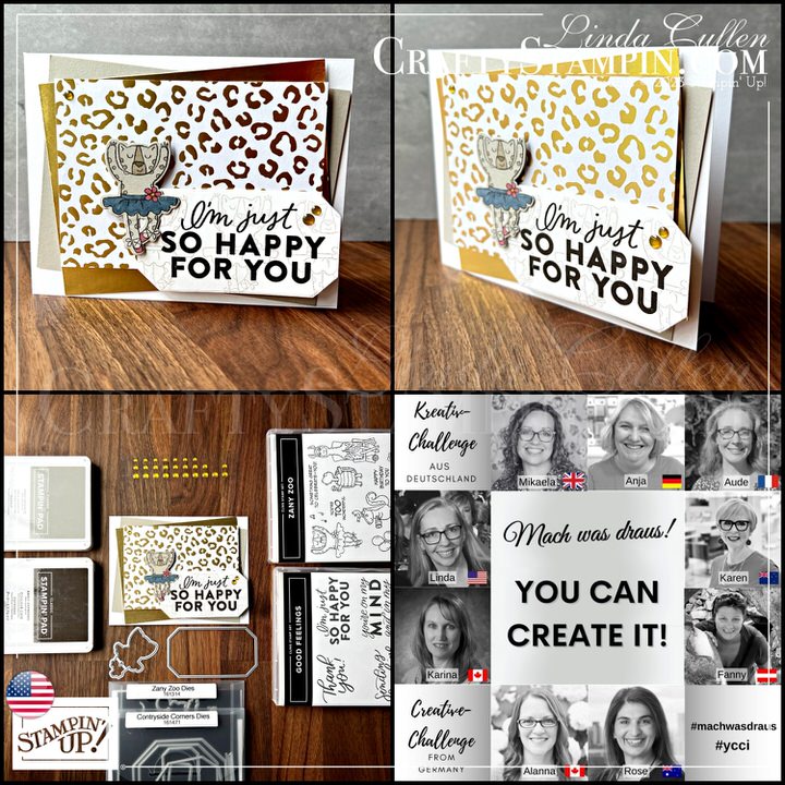 You Can Create It - International Challenge & Inspiration - April 2023 | Join Stampin’ Up! | Frequently Asked Questions about becoming a Stampin’ Up! Demonstrator | Join the Craft Stampin’ Crew | Stampin Up Demonstrator Linda Cullen | Crafty Stampin’ | Purchase Stampin’ Up! Product | FAQ about Paper Pumpkin | FAQ about Kits Collection | Online Exclusive Products | Zany Zoo Stamp Set [161305] | Good Feelings Stamp Set [158737] | Like An Animal Specialty Designer Series Paper [160841] | Gold Foil Sheets [132622] | Countryside Corners Dies [161471] | Zany Zoo Dies [161314] | 2023–2025 In Color™ Dots [161620] |