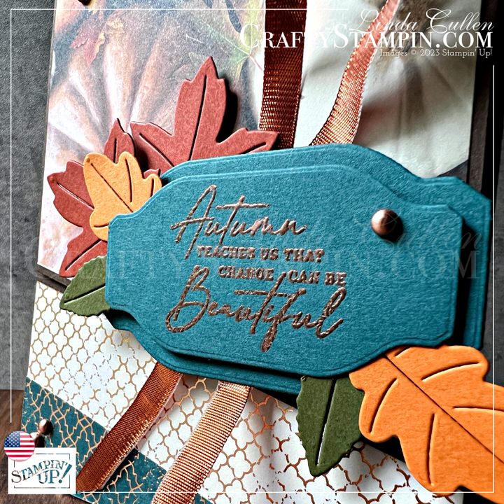 Stamp It Group August 2023 Fall Theme Blog Hop | Join Stampin’ Up! | Frequently Asked Questions about becoming a Stampin’ Up! Demonstrator | Join the Craft Stampin’ Crew | Stampin Up Demonstrator Linda Cullen | Crafty Stampin’ | Purchase Stampin’ Up! Product | FAQ about Paper Pumpkin | FAQ about Kits Collection | Online Exclusive Products | Autumn Leaves Bundle - Item # 162186 | Autumn Leaves Stamp Set - Item # 162179 | Autumn Leaves Dies - Item # 162185 | All About Autumn Designer Series Paper - Item # 162178 | Copper & Natural Ribbon Combo Pack - Item # 162192 | Something Fancy Dies [160424] | Brushed Metallic Adhesive Backed Dots [156506] |