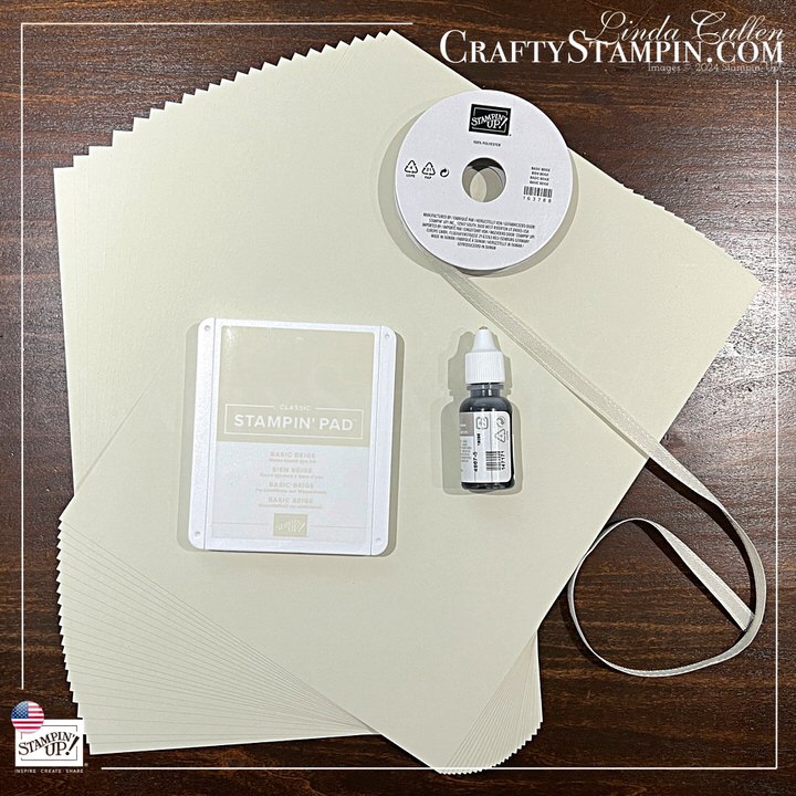 Image of Cardstock, Ink Pad, Re Inker, and Ribbon in the Stampin' Up! color of Basic Beige.