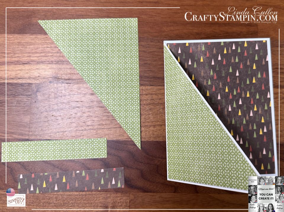 Visual demonstration of how to attach the Designer Series Paper to the card base. You Can Create It - International Challenge & Inspiration - October 2024 | Join Stampin’ Up! | Frequently Asked Questions about becoming a Stampin’ Up! Demonstrator | Join the Craft Stampin’ Crew | Stampin Up Demonstrator Linda Cullen | Crafty Stampin’ | Purchase Stampin’ Up! Product | FAQ about Paper Pumpkin | FAQ about Kits Collection | Online Exclusive Products | Sweet Days Of Autumn DSP [166498] | Sweet Days Of Autumn DSP & Sticker Sheet [166609] | Stylish Shapes Dies [159183] | Autumn Leaves Dies [162185] | Sponge Daubers [133773] |