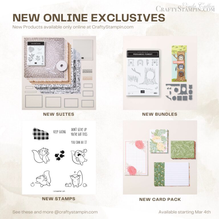 📣 New March 25 Online Exclusives are Now Available - Grab Your Cheat Sheet | Join Stampin’ Up! | Frequently Asked Questions about becoming a Stampin’ Up! Demonstrator | Join the Craft Stampin’ Crew | Stampin Up Demonstrator Linda Cullen | Crafty Stampin’ | Purchase Stampin’ Up! Product | FAQ about Paper Pumpkin | FAQ about Kits Collection | Online Exclusive Products | Lovely Garden Suite [165541] | Botanical Textures Suite [165563] | On The Go Suite [165583] |