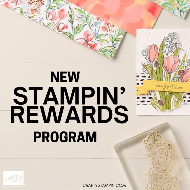 A square feature image of the new Stampin' Rewards program showing some finished greeting cards and stamping products.