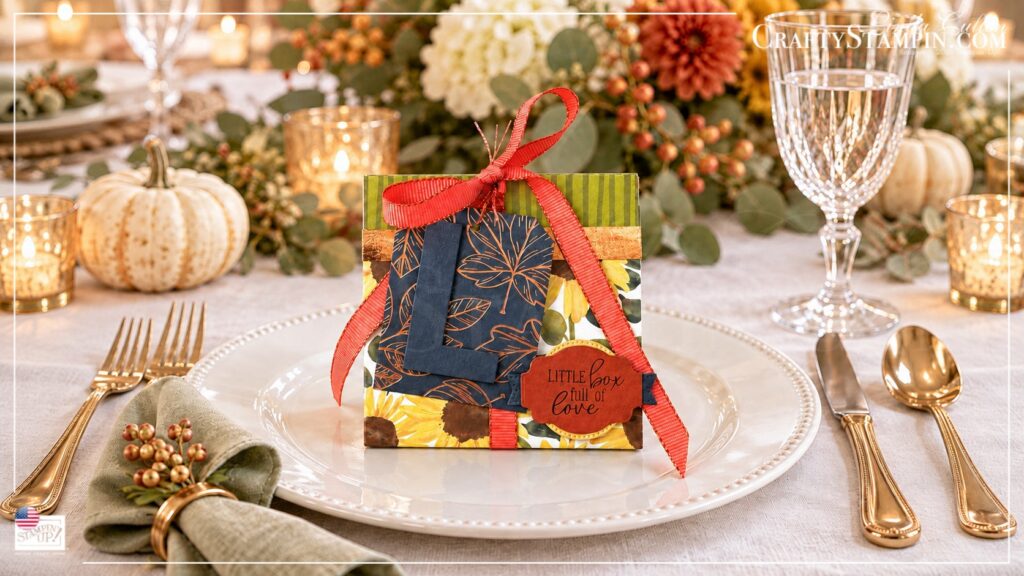 Personalized Thanksgiving tea box with a navy monogram tag and coral bow on a white dinner plate at an autumn table setting.