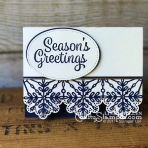 Snowflake Sentiments Season's Greetings | Stampin Up Demonstrator Linda Cullen | Crafty Stampin’ | Purchase your Stampin’ Up Supplies | Snowflake Sentiments Stamp Set | Swirly Snowflakes Thinlits | Stitched Shapes Framelits