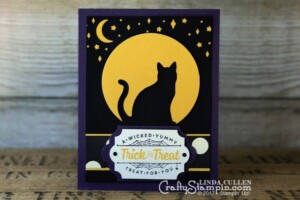 Moonlight Kitty Cat | Stampin Up Demonstrator Linda Cullen | Crafty Stampin’ | Purchase your Stampin’ Up Supplies | Spooky Cat Stamp Set | Spooky Night Designer Series Paper | Cat Punch | Everyday Label Punch | Lots of Labels Dies