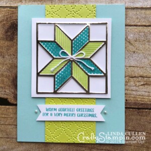 Stampin Scoop Recap - Episode 44 - Quilted Christmas Bundle | Stampin Up Demonstrator Linda Cullen | Crafty Stampin’ | Purchase your Stampin’ Up Supplies | Christmas Quilt Stamp Set | Quilt Builder Framelits Dies | Quilted Christmas 6x6 Designer Series Paper | Quilted Christmas 1/4 Ribbon | Quilt Top Textured Impressions Embossing Folder | Stitched Felt Embellishments