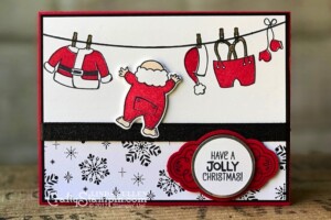 Coffee & Crafts Class: Santa's Suit | Stampin Up Demonstrator Linda Cullen | Crafty Stampin’ | Purchase your Stampin’ Up Supplies | Santa Suit Stamp Set | Label Me Pretty Stamp Set | Merry Little Christmas Designer Series Paper | Santa Builder Framelits | Basic Black Shimmer Ribbon