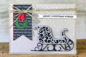 Coffee & Crafts Class: Santa's Sleigh | Stampin Up Demonstrator Linda Cullen | Crafty Stampin’ | Purchase your Stampin’ Up Supplies | Santa Sleigh Stamp Set | Merry Music Spec. Designer Series Paper | Santa’s Sleigh Dies Thinlits | Vellum Cardstock | Softly Falling Embossing Folder